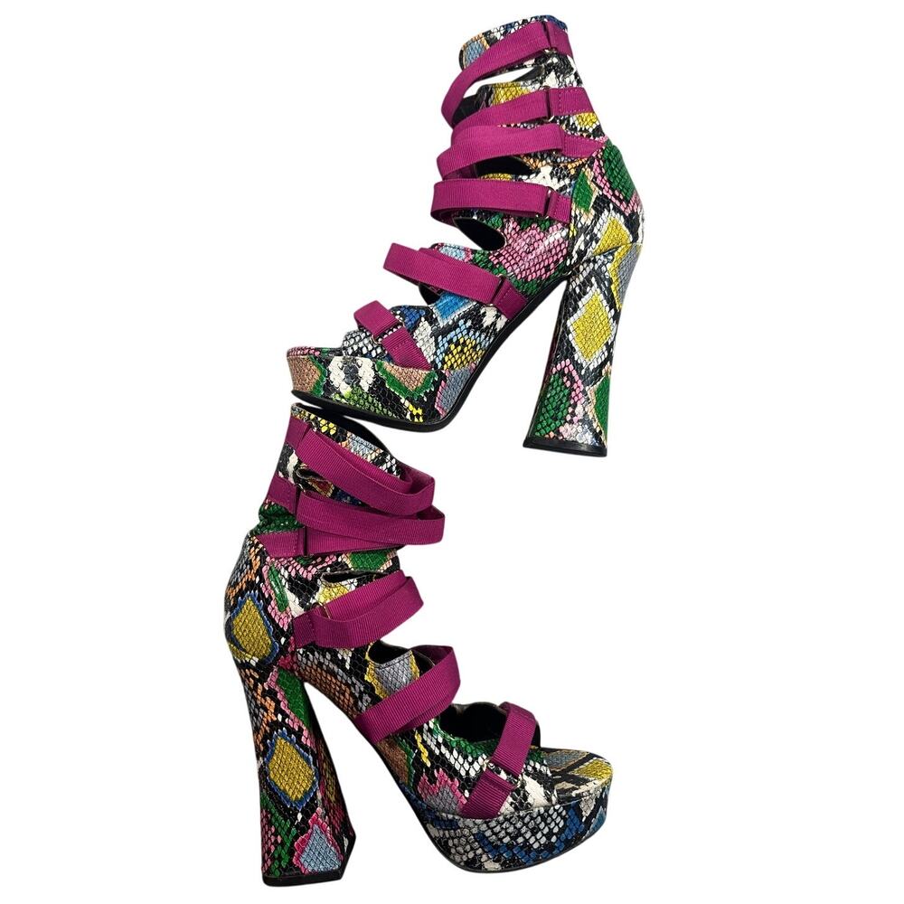 Rainbow Snakeskin Multi Strap Platform Sandals Neon Pink Chunky Heels